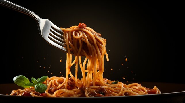 AI generated illustration of a stainless steel fork with a heap of spaghetti noodles on its tines