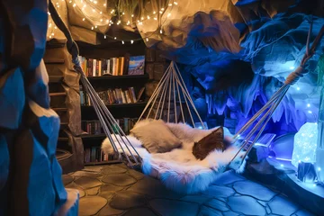 Foto op Plexiglas AI-generated illustration of a cozy hammock suspended in a cave-style room © Wirestock