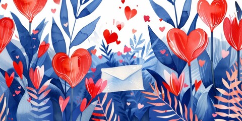 Postcard and pattern Valentine's day, with hearts. Love vibe in watercolor hand painted style. Hand lettering.