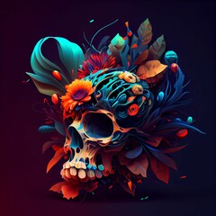 Obraz na płótnie Canvas AI generated illustration of a human skull in vibrant blooms on a dark background
