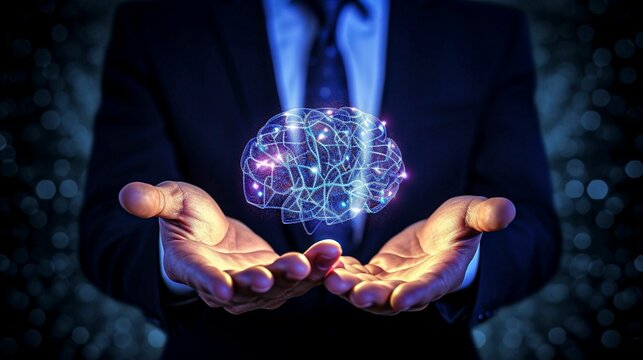 AI generated human brain floating in male hand