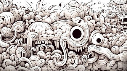 A whimsical ink drawing of a monstrous creature, its detailed sketch capturing both its fearsome appearance and its cartoonish charm - obrazy, fototapety, plakaty