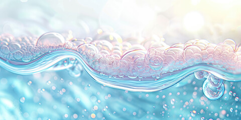 liquid falling into a blue surface, water bubbles background, blue water