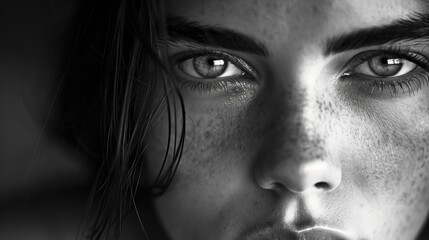 Fototapeta premium Intense closeup portrait of a woman. AI generated.