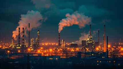 Fototapeta premium Urban factories and smoking chimneys. Environmental pollution problem. Smoke-polluted industrial city. Depressive urbanism at night