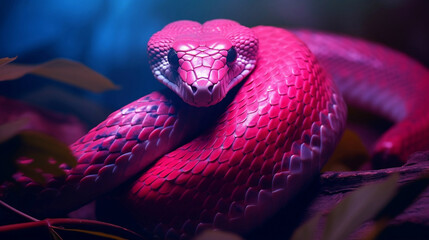 python snake  in red and purple color close p from the face scary looking of the eyes background of...