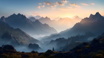 AI generated illustration of a landscape featuring a sunset view of a mountains with forest trees