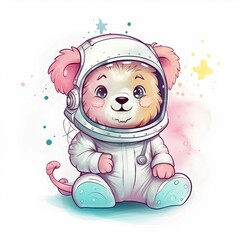 AI generated illustration of a cartoon bear in an astronaut costume is sitting in a starry night sky - obrazy, fototapety, plakaty