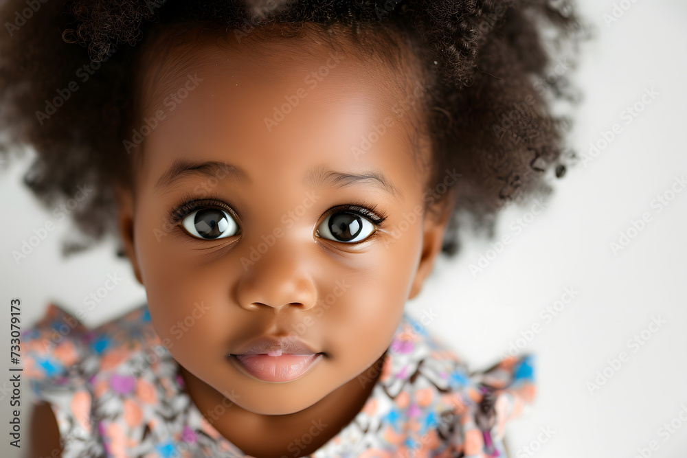 Sticker Closeup portrait of cute African American baby toddler isolated on white background