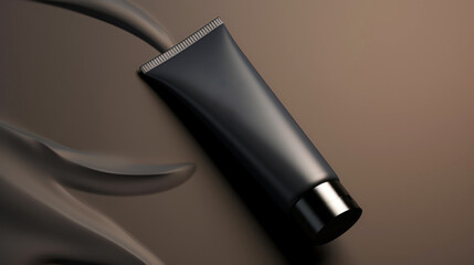 Close up of black cream tube mock-up on blurred background. Layout for cosmetics. Copy space. Generative AI