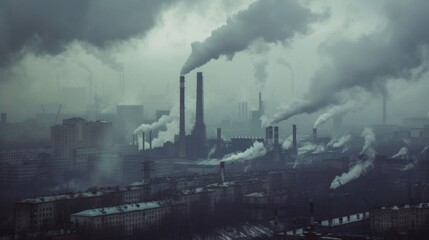 Fototapeta premium Urban factories and smoking chimneys. Environmental pollution problem. Smoke-polluted industrial city. Depressive urbanism