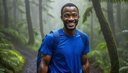 AI generated illustration of a smiling African man hiking in a rainforest with a backpack - obrazy, fototapety, plakaty