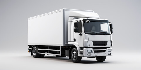 White truck on white uniform background. Cargo and shipment concept. Generative AI