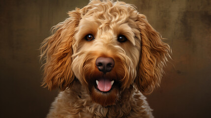 Golden doodle with a curly coat and playful attitude