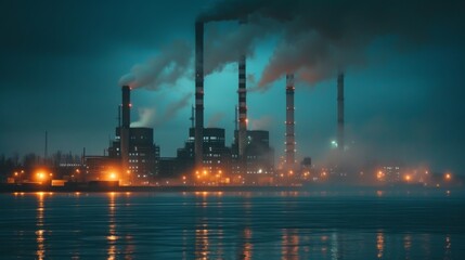 Fototapeta na wymiar Urban factories and smoking chimneys. Environmental pollution problem. Smoke-polluted industrial city. Depressive urbanism at night