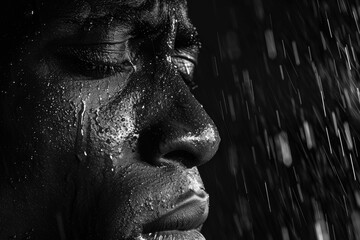 closeup of the face of a black woman with water dripping on her face