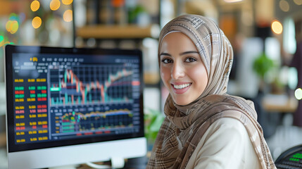 Smiling portrait of a businesswoman of arab descent wearing a hijab working with computer on desk in a startup company in a modern business office