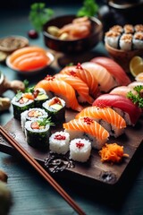 AI-generated illustration of a sushi assortment board on the table