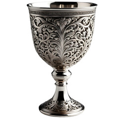 Close up of Elijah's cup in bright silver with carved geometric patterns on a transparent background