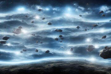 Obraz premium AI generated illustration of a night sky filled with jagged rocks illuminated by a soft blue light