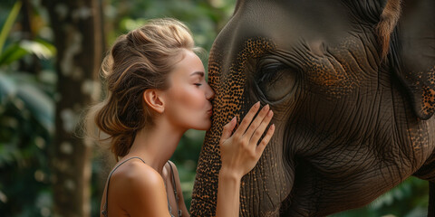 Junge Frau ist dem Elefanten ganz nah und gibt ihm einen Kuss auf den Rüssel. - obrazy, fototapety, plakaty