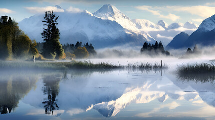 Whispers of Nature: The Unveiling Majesty of Lake Matheson's Landscape at Dawn, Where Mountains Dance in the Veil of Mist