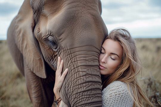 Junge Frau ist dem Elefanten ganz nah und verbunden.