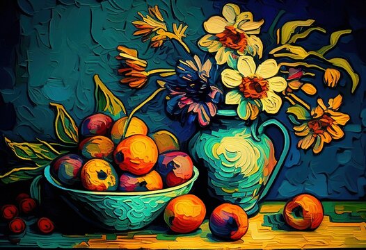 Still life paintings of fruits and flowers