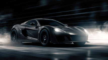 Obraz premium A sleek black sports car speeds through a dark, dramatic environment, its aerodynamic design illuminated by headlights and surrounded by swirling mist 🚗💨