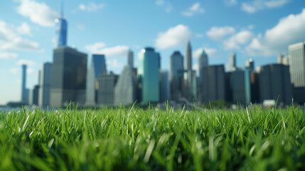 Obraz premium Green grass with the cityscape in the background.