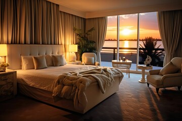 AI generated bedroom with windows open and with view of the ocean in the background