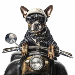 AI generated illustration of a dog wearing a helmet riding a vintage motorcycle