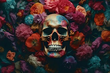 AI generated illustration of a skull surrounded by many colored flowers
