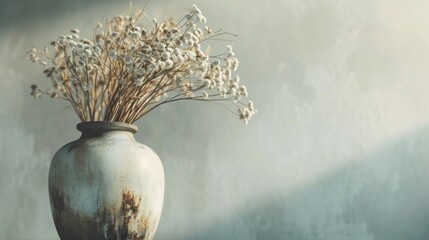 Vintage vase with dried flowers. Copy space. AI generated.