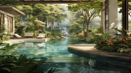 Tranquil pool amidst lush gardens, blending earthy tones with intricate details.