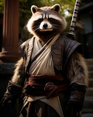 AI generated illustration of a raccoon wearing a costume and headpiece while holding two swords - obrazy, fototapety, plakaty