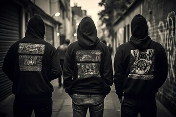 AI generated illustration of three young males standing on a sidewalk, wearing hooded clothing