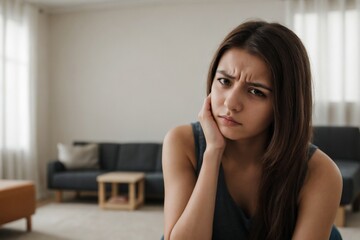 Young woman sitting in the living room and suffering from headache or illness.