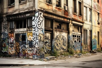 Fototapeta na wymiar AI generated illustration of graffiti-covered abandoned building with broken windows