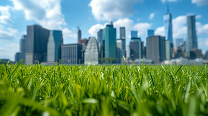 Green grass with the cityscape in the background.