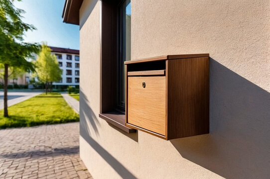 Brown wooden Mailbox in an house residential building outside. Modern numbered mailboxes box outdoors, creative design mail backgrounds. Urban correspondence concept. Copy ad text space. Generated Ai
