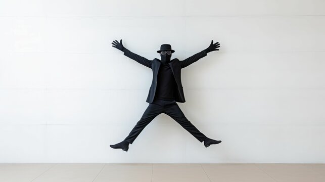 AI Generated Illustration Of A Male Jumping Into The Air With Both Arms Raised Against A White Wall