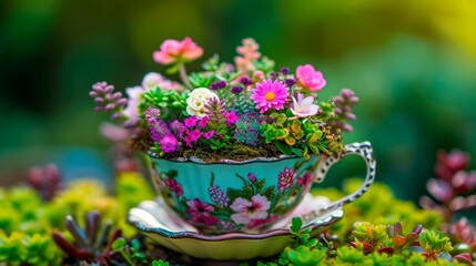 Obraz na płótnie Canvas AI generated illustration of a delicate tea cup filled with vibrant flowers rests on lush green moss