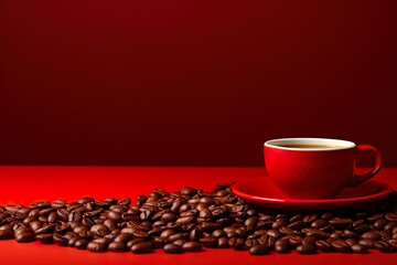 close up view of roasted coffee beans on red background