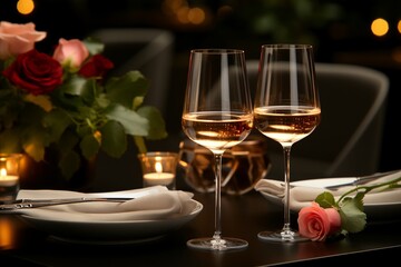 Two wine glasses on the dinner table with roses