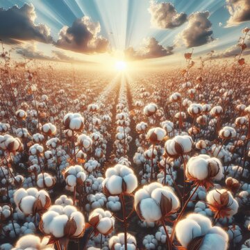 Cotton farm during harvest season. Field of cotton plants with white bolls