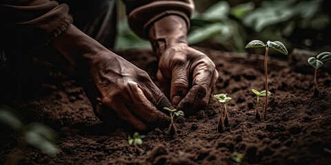 AI generated illustration of hands working with soil and sprouting plants