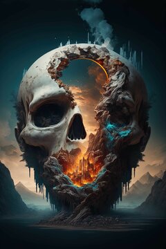 AI-generated illustration of a human skull with a burning city in the center.