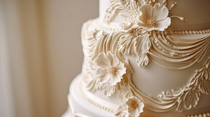 Detailed white wedding cake. Copy space. AI generated.