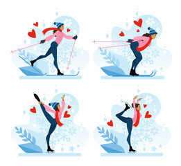 Winter sports. Love of sports. A set of vector illustrations of winter outdoor sports activities - ice skating and skiing. Cartoon-style illustration